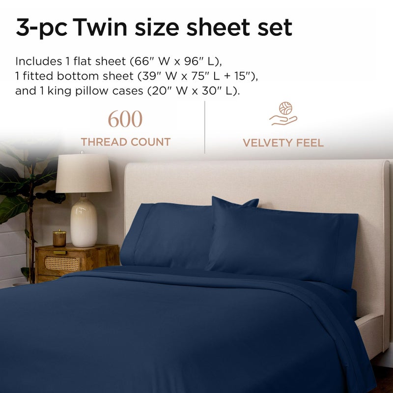 Threadmill 100% Cotton Sheets for Twin Size Bed - 600 Thread Count Twin Bed Sheets Set with 15â€ Deep Pocket - Sateen Weave 3-Piece Bedding Set with Cooling Effect, Folkstone Blue - Image 2